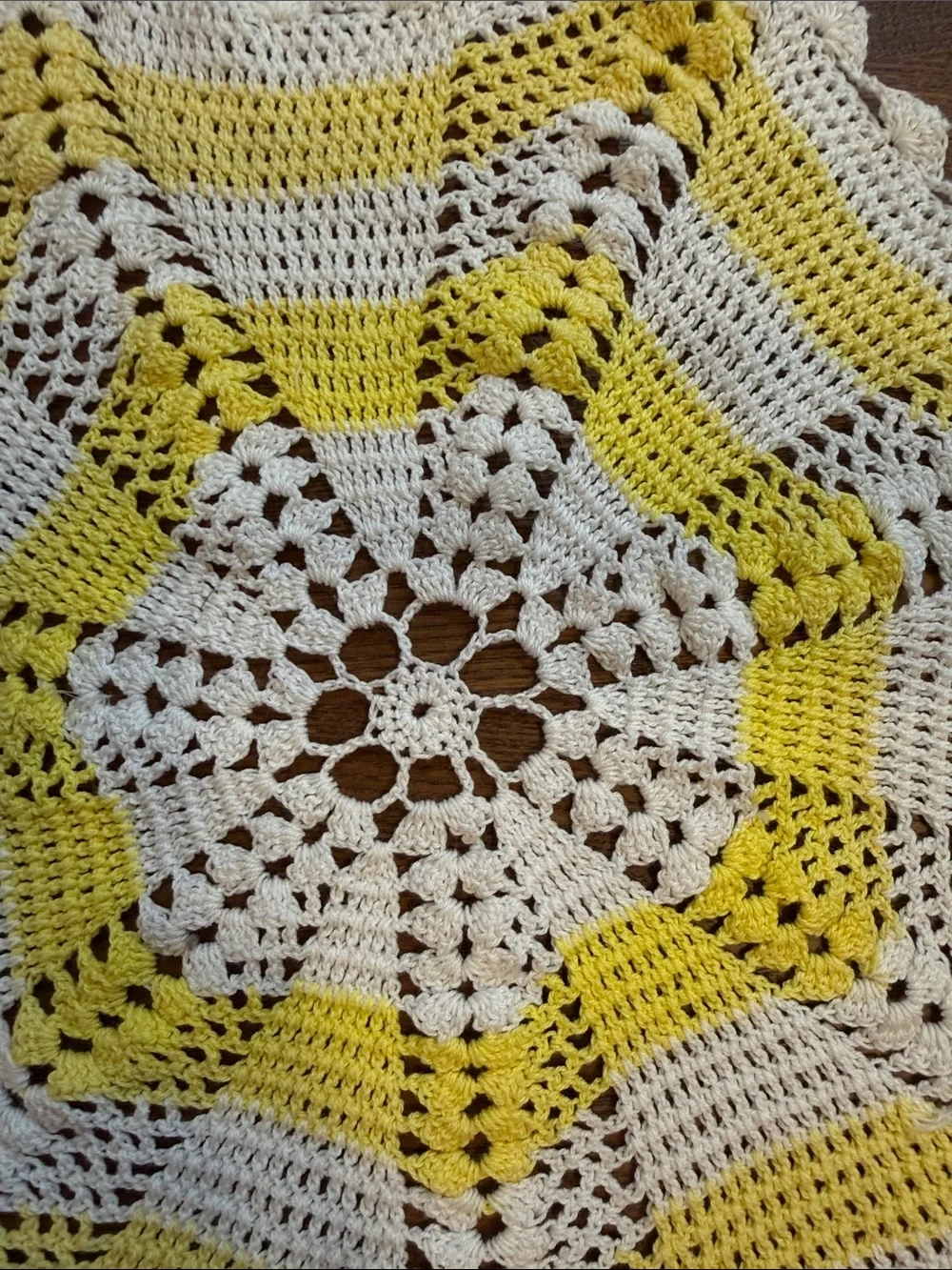 Source Unknown Yellow and White Crochet Star Doily